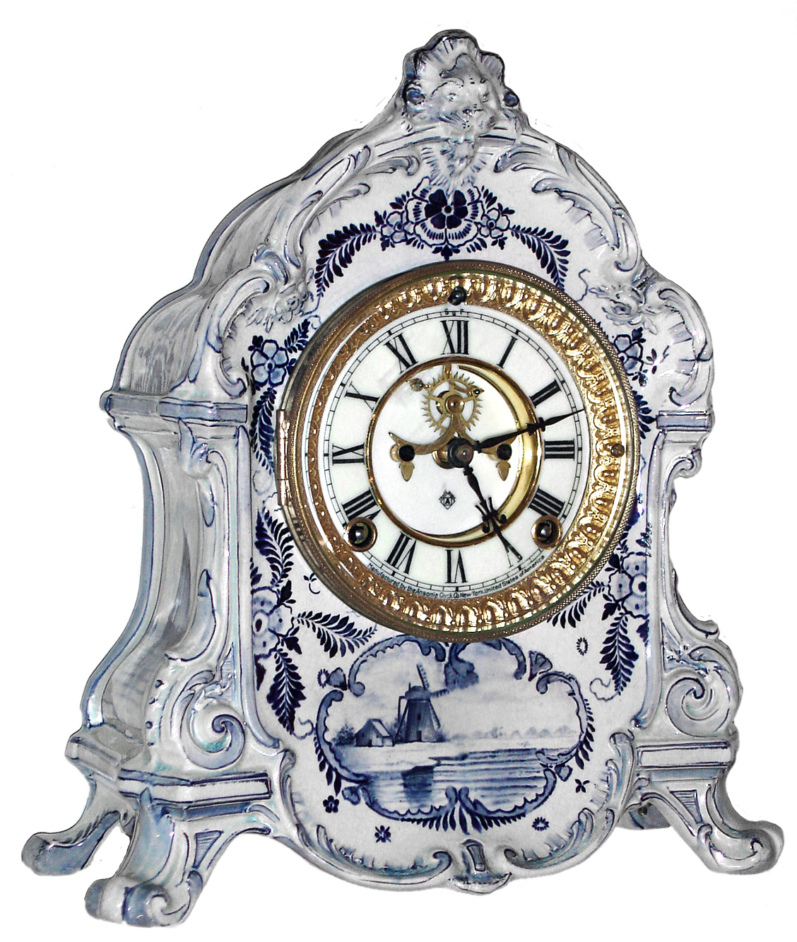 Ansonia Clock Co., New York, Royal Bonn "La Rambla", 8 day, time and strike, Delft style porcelain mantel clock, with open escapement in dial center, c1900 — Antique Clocks Price Guide