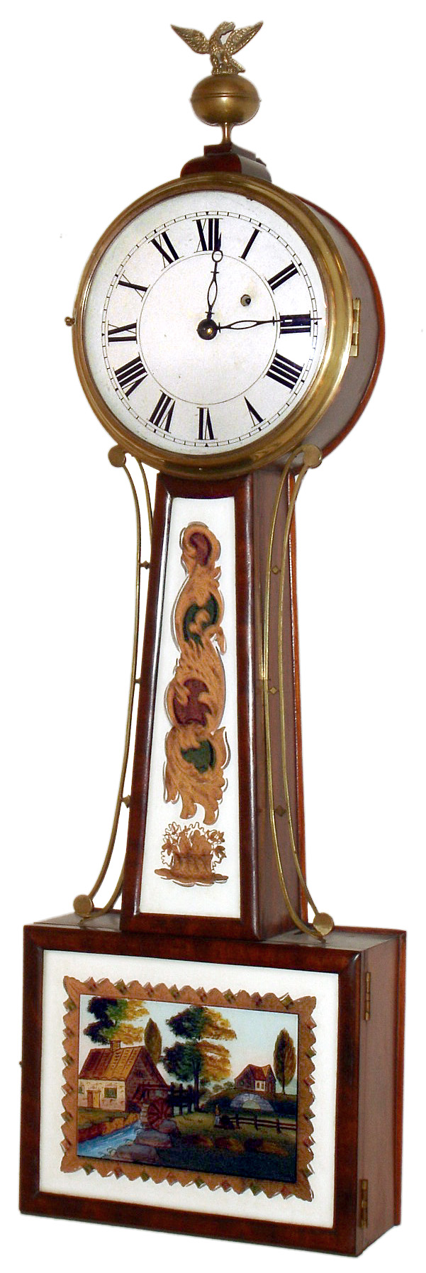 Boston, unsigned , 8 day, banjo or patent timepiece. Stenciled on the backboard is label that reads: "Henry Willard, Clock Case, Manufacturer, Washington St., Boston". Henry was the son of Aaron Willard, Sr., and half brother to Aaron Willard, Jr. He was trained as a cabinetmaker and provided cases to the Willards and others, c1825. — Antique Clocks Price Guide