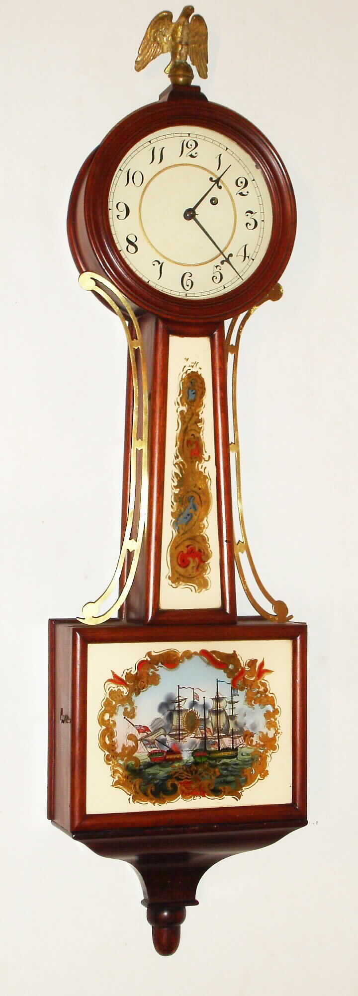 Rhode Island 8 day mahogany banjo timepiece, Killam and Co., Pawtucket, R.I. works, c1915 — Antique Clocks Price Guide