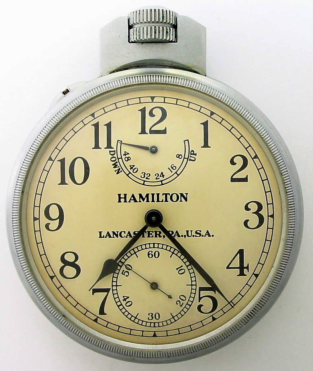 Hamilton Watch Co. Model 22 deck watch with 48 hour wind indicator 35S 21J, stem wind, pin and pendant set, Adj to Temp and 6 pos, parallel line damascene nickel movement with lever escapement and micrometric regulator with Arabic numeral metal dial and blacked steel hands in Keystone base metal, screw back and bezel open face case with military ordinance on rear case cover and base metal cuvette, s#2F10235. The lot includes inner mahogany box with glass window, metallic tag indicating setting instructions all and original paperwork within second outer shipping box with and leather strap — Antique Clocks Price Guide
