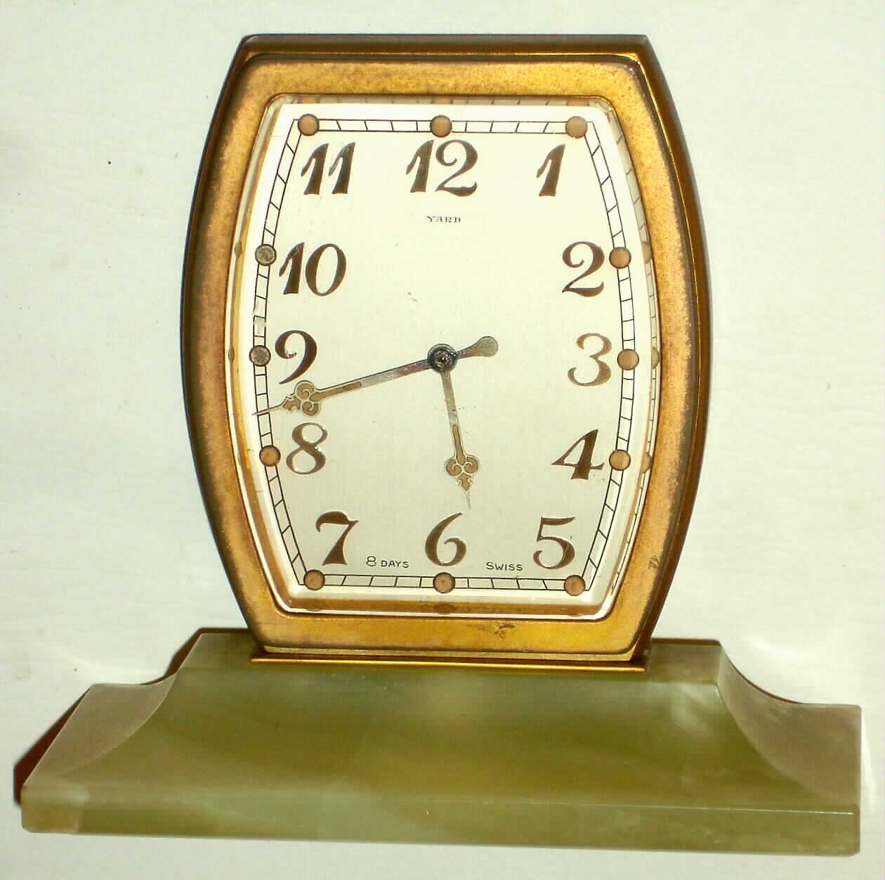 Yard Swiss double side 8 day 15 jewel brass, glass and marble desk clock, c1925 — Antique Clocks Price Guide