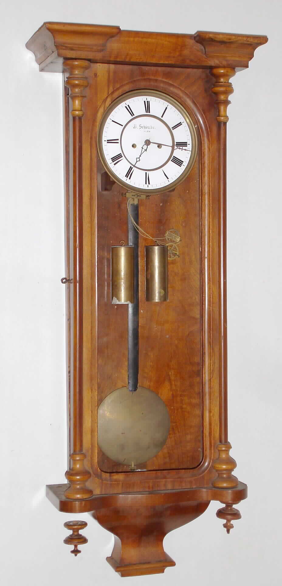 Vienna Regulator, "W. Schonberger Wien", 2 weight walnut time and strike wall clock, c1870 — Antique Clocks Price Guide