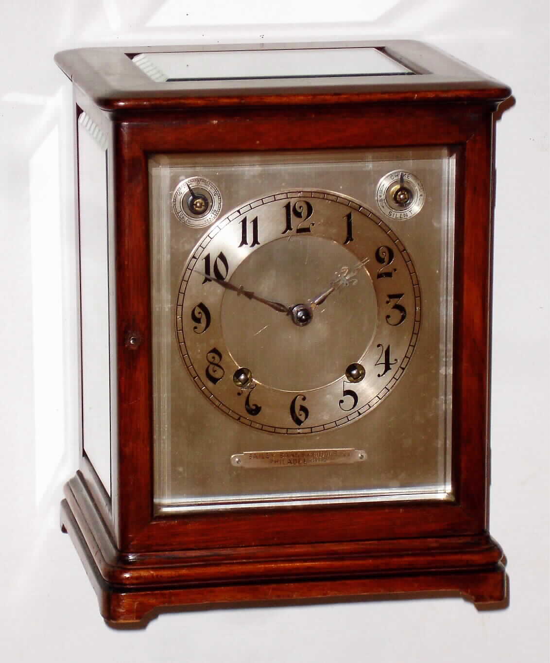 Winterhalder and Hofmeier, for Bailey, Banks and Biddle, Philadelphia, 8 day quarter striking mahogany and beveled glass mantel clock, c1900 — Antique Clocks Price Guide