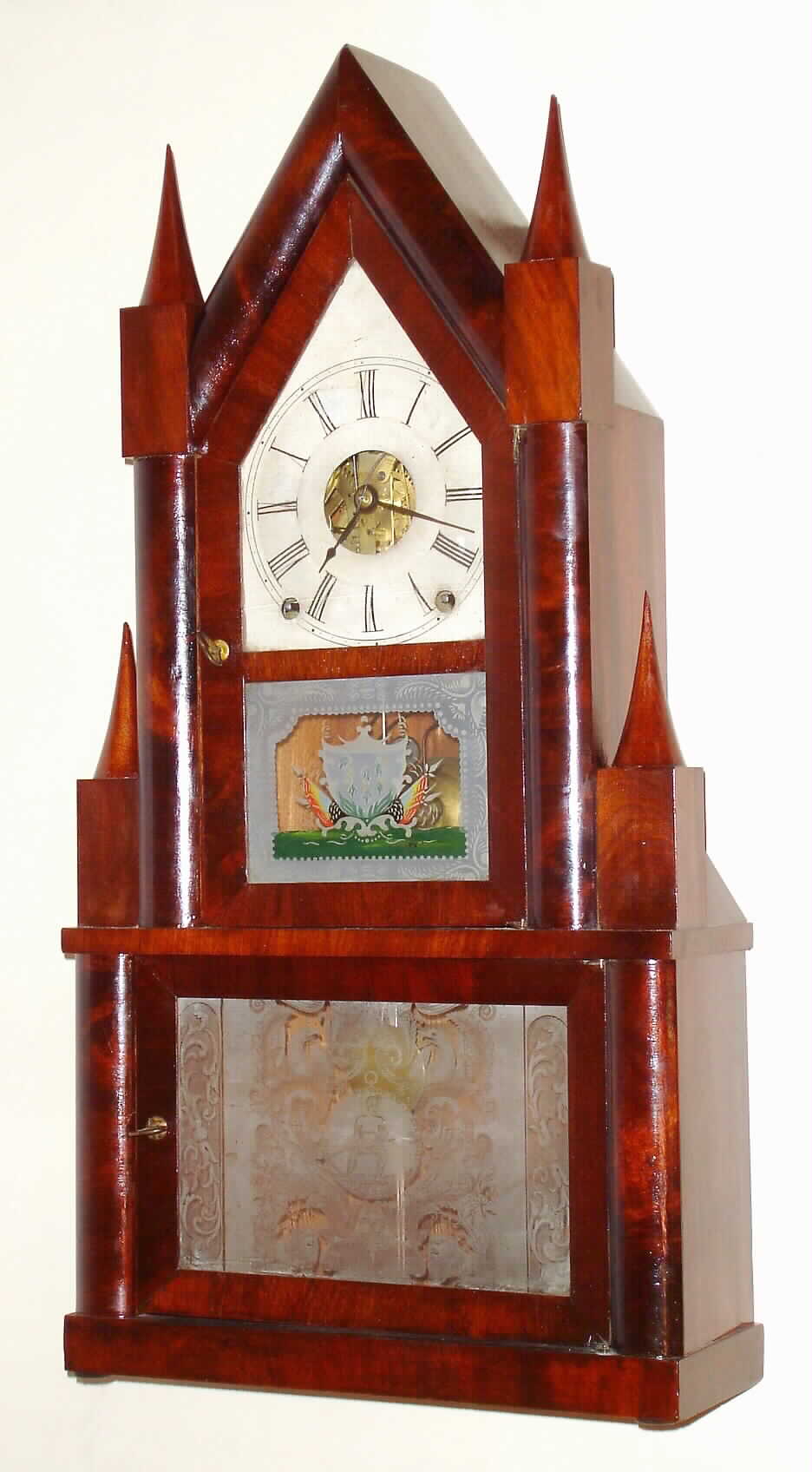 Terry and Andrews, Bristol Conn., "Steeple on Case" mantel clock, 8 day, time and strike, spring driven movement in mahogany veneer case with painted metal dial and stenciled tablets, c1840 — Antique Clocks Price Guide