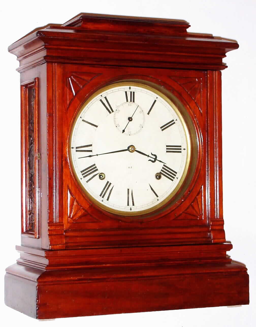 Seth Thomas Clock Co., Thomaston, Conn., "Hotel" mantel clock, 8 day, time and Cathedral Gong strike, spring driven movement in cherry case with painted metal dial, c1909 — Antique Clocks Price Guide