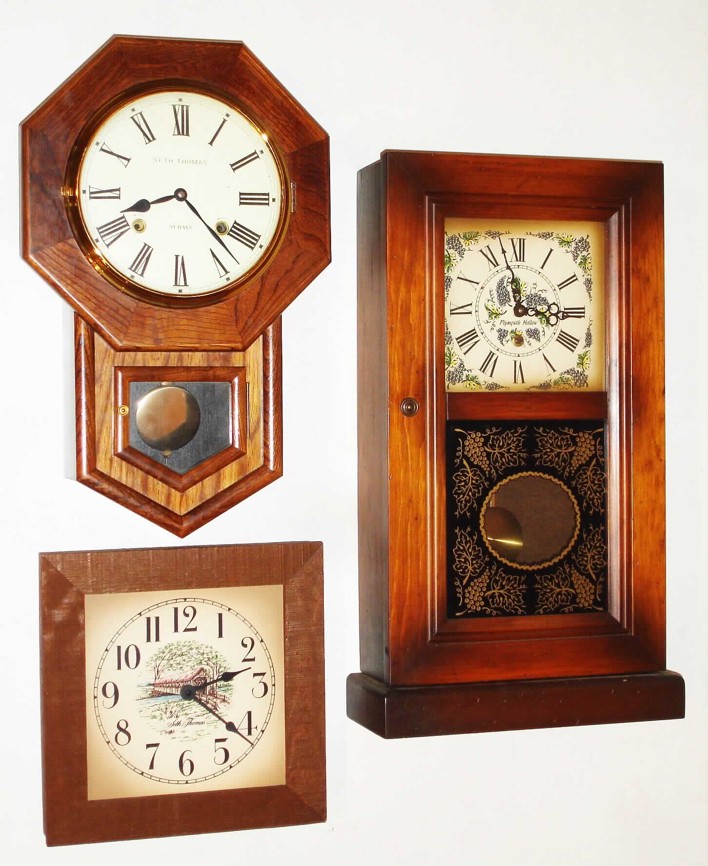 Clocks- 3 (Three) Seth Thomas Modern Wood Case Reproductions: 31 day Japan school clock; square "Currier and Ives" battery wall clock; "Plymouth Hollow" 8 day time only shelf clock — Antique Clocks Price Guide