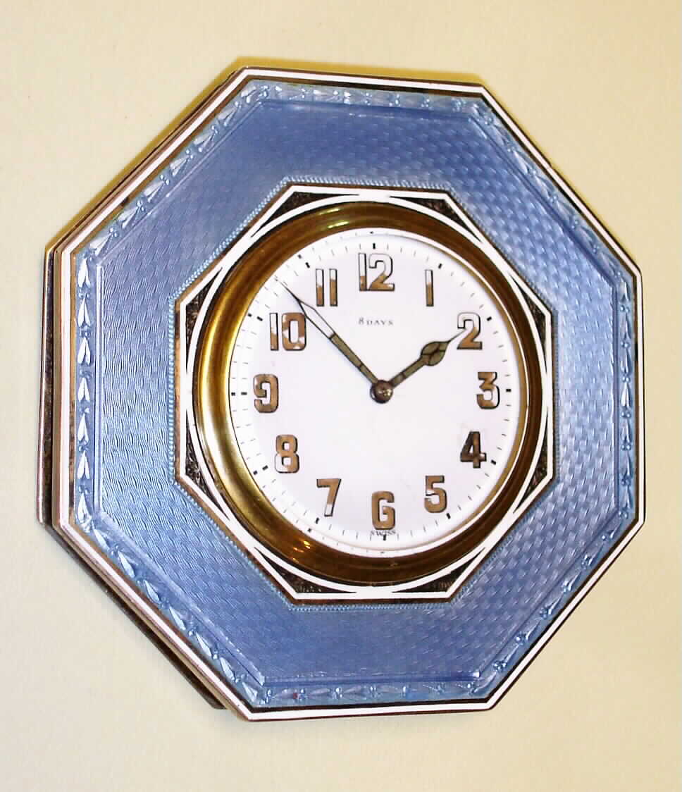 Swiss desk clock, 8 day, time only, spring driven movement in powder blue guilloche and white enamel case with Arabic numeral white enamel dial, c1880 — Antique Clocks Price Guide