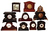Clocks- 9 (Nine) Mantel clocks: assortment of early 20th century 8 day time and strike wood and Adamantine cases by Seth Thomas, Welch, Gilbert, Sessions and Ingraham.