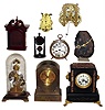Clocks and Parts- 9 (Nine) piece mixed lot: best is French black marble and brass over iron Ansonia, also includes two watch hutches, Big Ben alarm, reproduction skeleton (German) under cracked dome, two movements, and a thin mineral slice with quartz unit behind