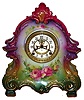 Ansonia Clock Co., New York, Royal Bonn "La Bretagne", porcelain clock, 8 day time and strike spring driven movement, visible escapement, multicolor case, c1915