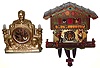 Clocks- 3 (Three): two German Black Forest modern 30 hour cuckoo clocks, c1980 and an United Electric Clock Co., Brooklyn, Roosevelt 30 hour novelty clock, c1940