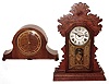 Clocks- 2 (Two) oak 8 day mantel clocks: E. Ingraham Connecticut "Dahlia" gingerbread c1895 and a Smiths Westminster chime tambour, mid 20th century