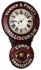 Baird Clock, Co., Plattsburgh, NY, advertising timepiece for Vanner and Prest's Molliscorium with 8 day, time only, spring driven movement in soft wood case with painted paper mache door fronts and paper over metal dial, c1890