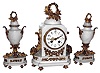 French for Mirablon, three piece garniture mantel clock, 8 day, time and bell strike, spring driven movement in a white marble case with ormolu trim, flanking cornucopia decorations and matching side pieces. The multicolor white enamel dial is signed with retailers name, c1890