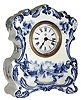Ansonia Clock Co., 30 hour, lever movement timepiece in a delft style porcelain case. It could be a Royal Bonn case, but it is not marked, c1900