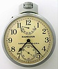 Hamilton Watch Co. Model 22 deck watch with 48 hour wind indicator 35S 21J, stem wind, pin and pendant set, Adj to Temp and 6 pos, parallel line damascene nickel movement with lever escapement and micrometric regulator with Arabic numeral metal dial and blacked steel hands in Keystone base metal, screw back and bezel open face case with military ordinance on rear case cover and base metal cuvette, s#2F10235. The lot includes inner mahogany box with glass window, metallic tag indicating setting instructions all and original paperwork within second outer shipping box with and leather strap