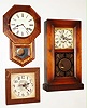 Clocks- 3 (Three) Seth Thomas Modern Wood Case Reproductions: 31 day Japan school clock; square "Currier and Ives" battery wall clock; "Plymouth Hollow" 8 day time only shelf clock