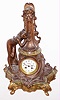 Japy Freres, French figural mantel clock, 8 day, time and bell strike, spring driven movement in bronze and green variegated marble case depicting a lady gently bending forward and drinking from a fountain with multicolor enamel dial, c1890