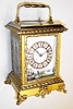 France, carriage clock, Anglaise case with Rococo decorations and multicolor finely painted porcelain panels of Victorian ladies, 8 day, time, half hour strike and hour repeat, spring driven movement in gilded brass case, c1880