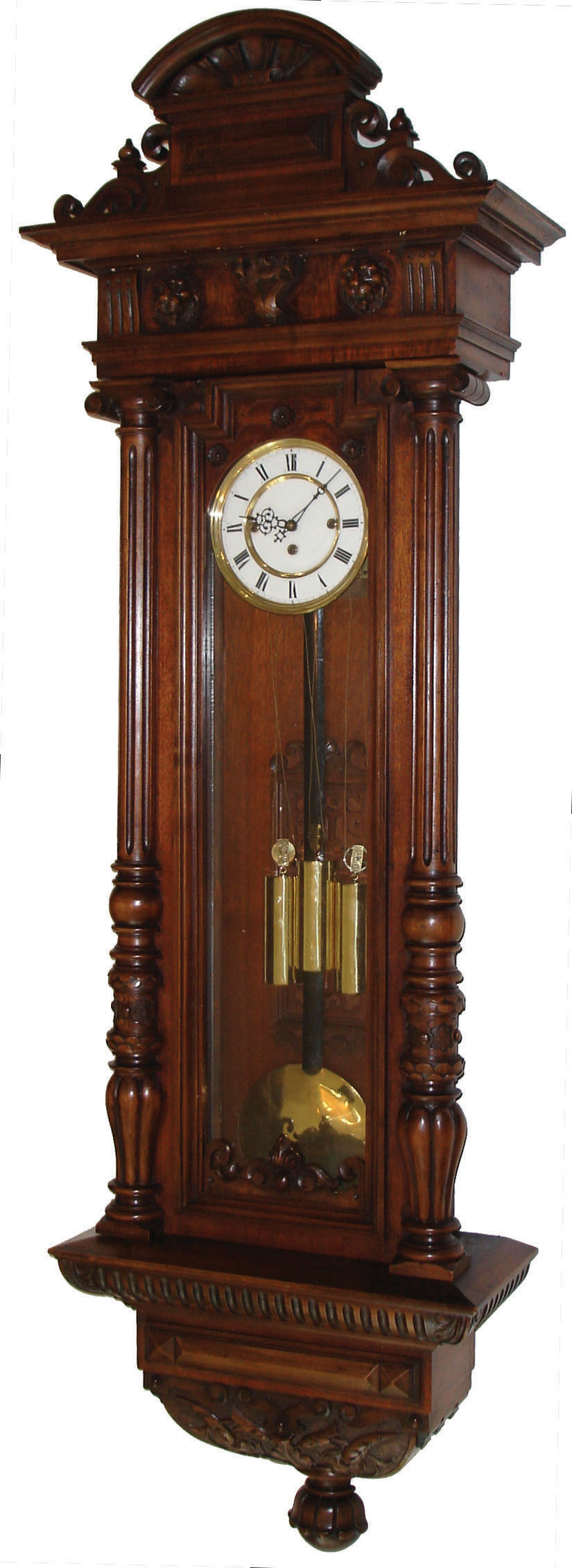 Austrian, Vienna regulator wall clock, 8 days, time, strike and grande sonnerie, three brass weight driven "Remember" movement by Gebruder Resch in carved walnut case with half round columns flanking the door and top pediment with white enamel dial, c1880 — Antique Clocks Price Guide