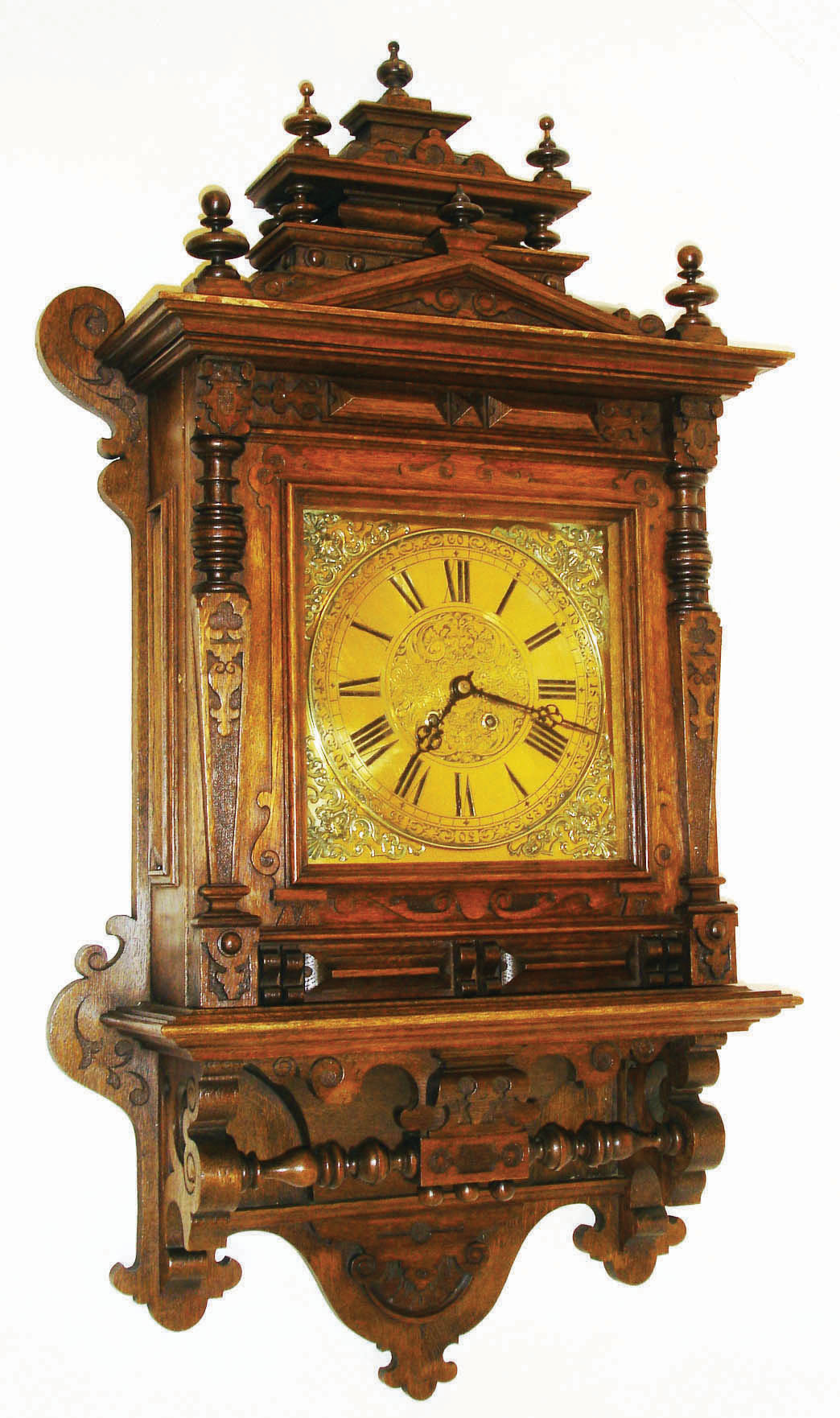 German, Lenzkirch extra large dark oak cartel or Gutsherrenuhr 14 day, gong strike, with fancy square brass dial, serial #88790,  c1865 — Antique Clocks Price Guide
