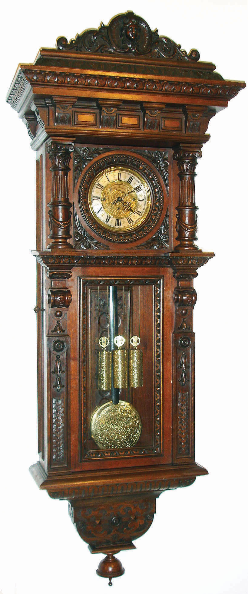 Austrian Gebruder Resch, 3-weight Grand Sonnerie wall clock, extra large, with profuse carvings and extra moldings, serial #100000--66384, dial with retailers name = Johann Greiner, Graz, c1880 — Antique Clocks Price Guide