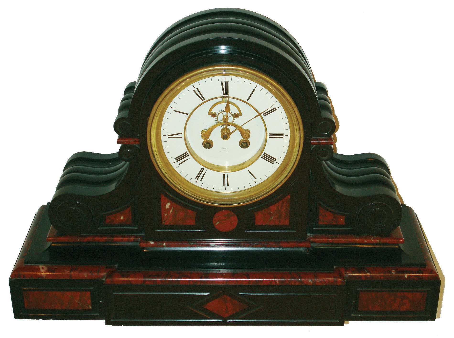 French large black and red marble 8 day time and strike mantel clock, visible escapement, c1890 — Antique Clocks Price Guide