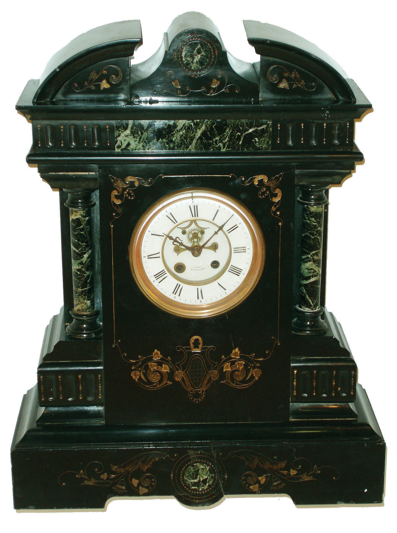 French large black marble 8 day time and strike mantel clock, visible escapement, dial signed "Liddles, Middlesboro", c1890 — Antique Clocks Price Guide