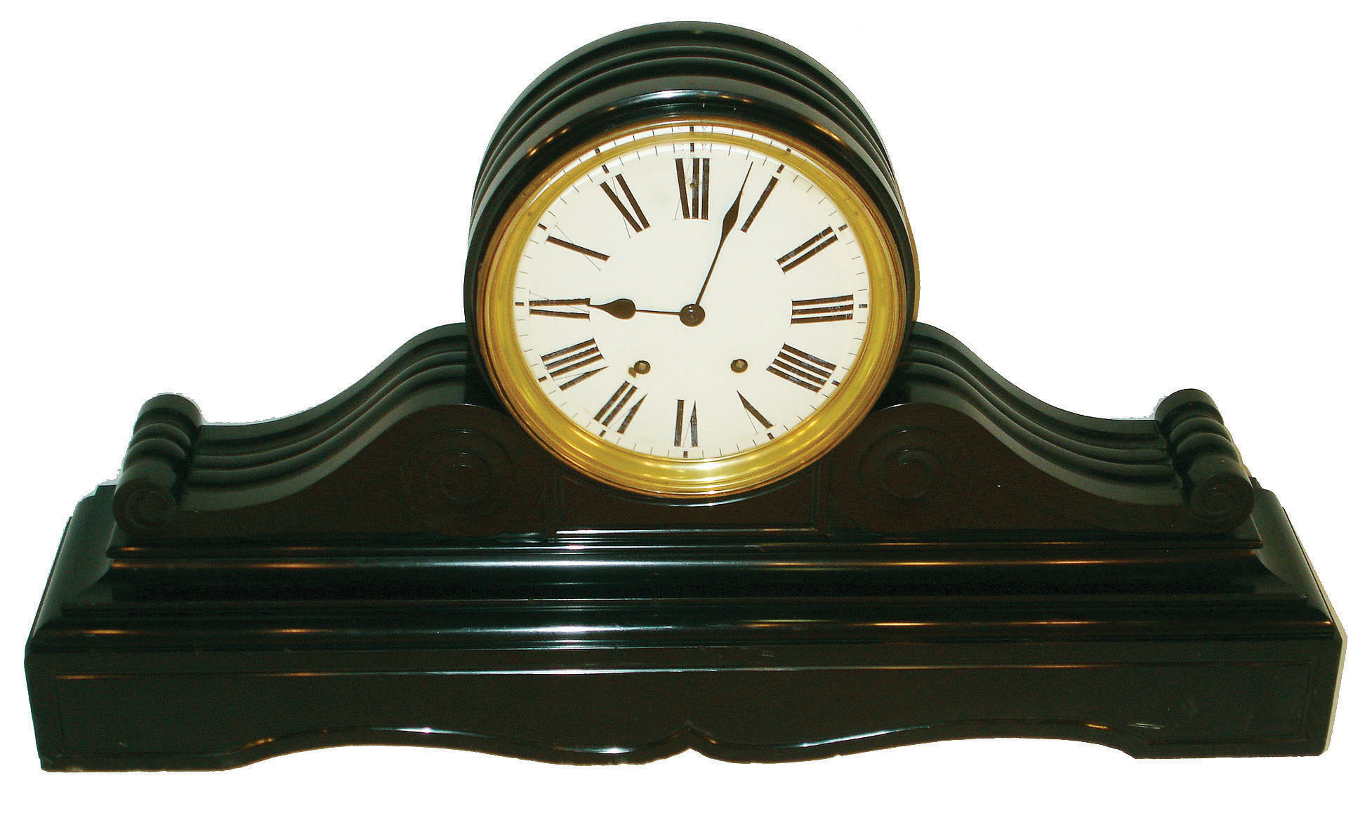 French very large black marble 30 day time and strike tambour mantel clock, c1890 — Antique Clocks Price Guide