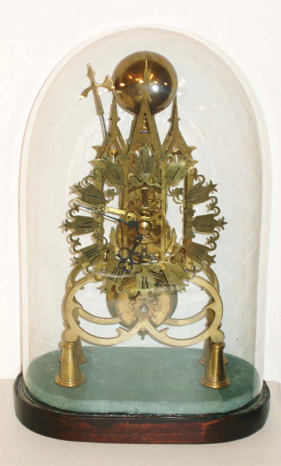 Single fusee, gothic style skeleton, time &amp; single hour strike, european origin, mid 20th century, with old glass dome and base. — Antique Clocks Price Guide