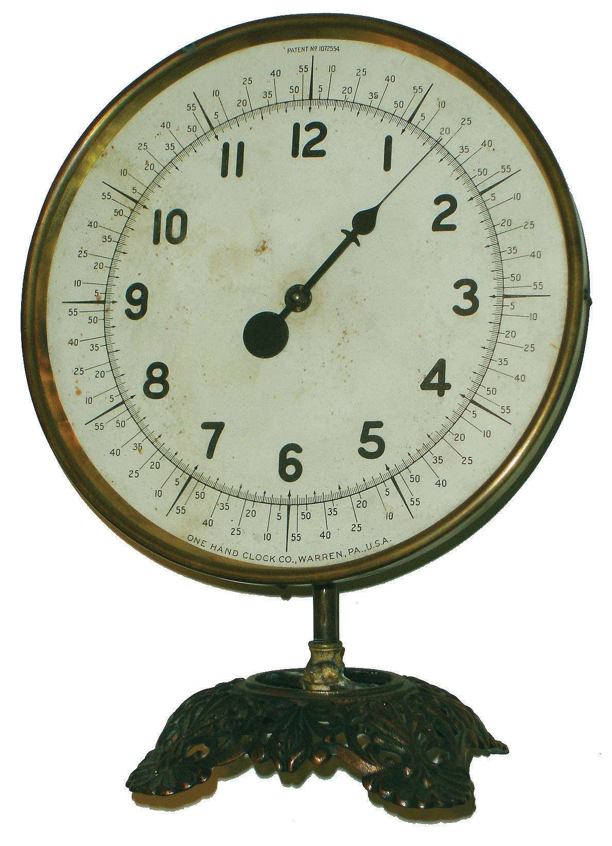 One Hand Clock Co., Warren, PA, timepiece with 9" dial, 720 minute divisions, c1930 — Antique Clocks Price Guide