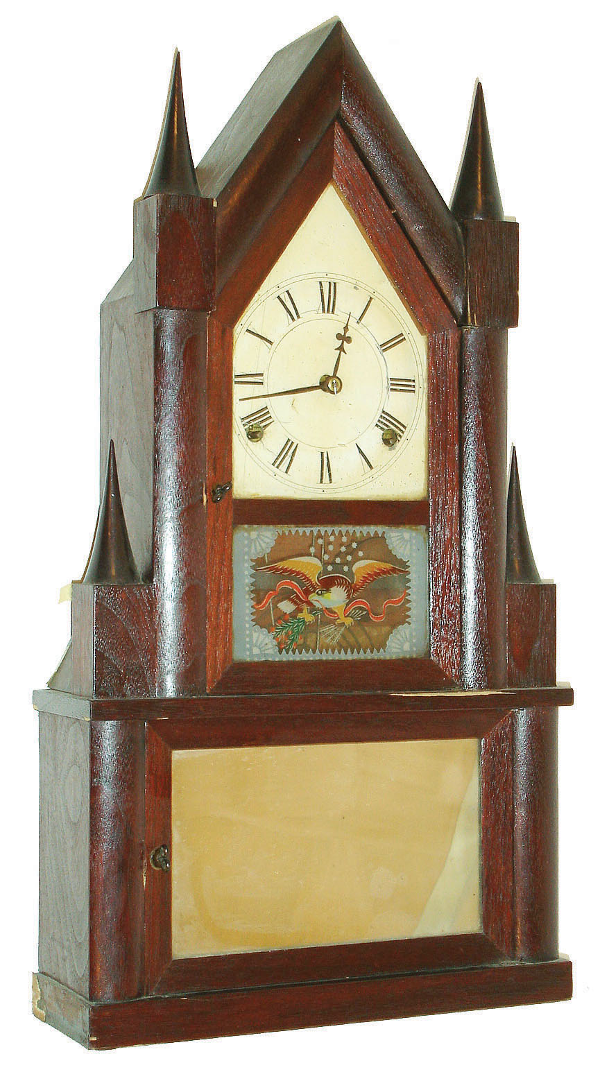 Elisha Manross, Bristol, Conn, 8 day, time and strike fusee strap brass movement steeple on frame or double steeple shelf clock, c1845 — Antique Clocks Price Guide