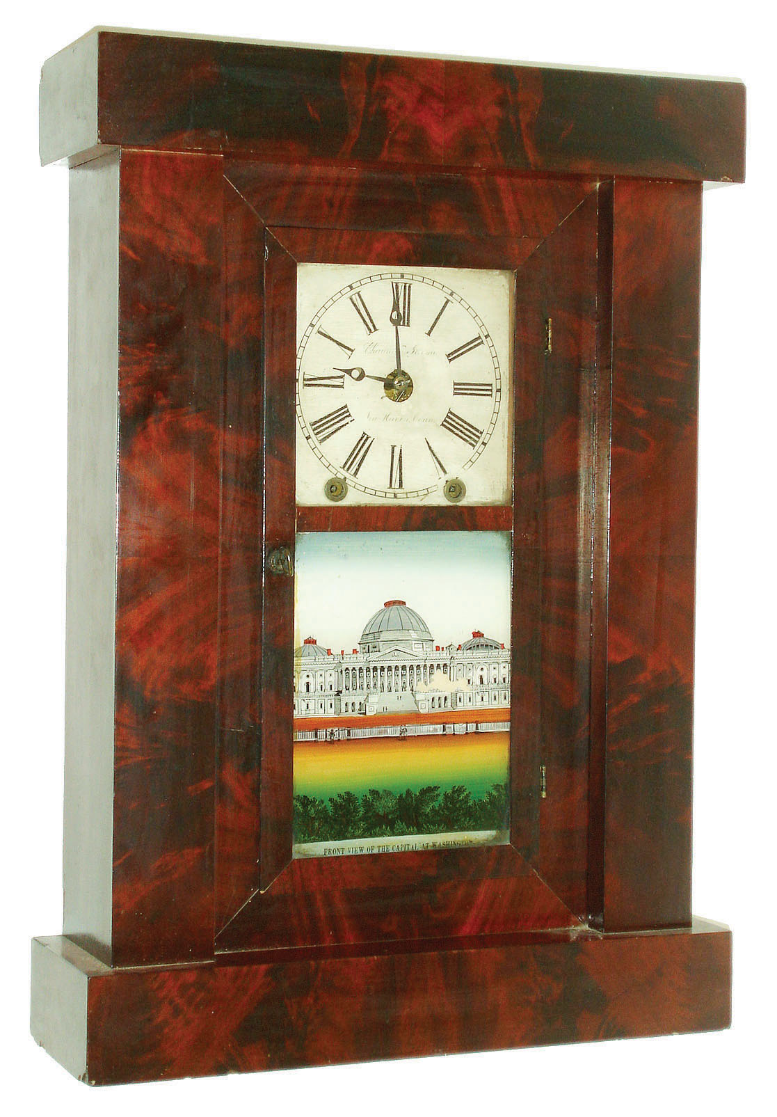 Chauncey Jerome, New Haven, Conn., 8 day, time and strike fusee brass movement shelf clock.  These cases are usually found with highly figured mahogany or maple veneer with weight driven or fusee movements, c1850 — Antique Clocks Price Guide
