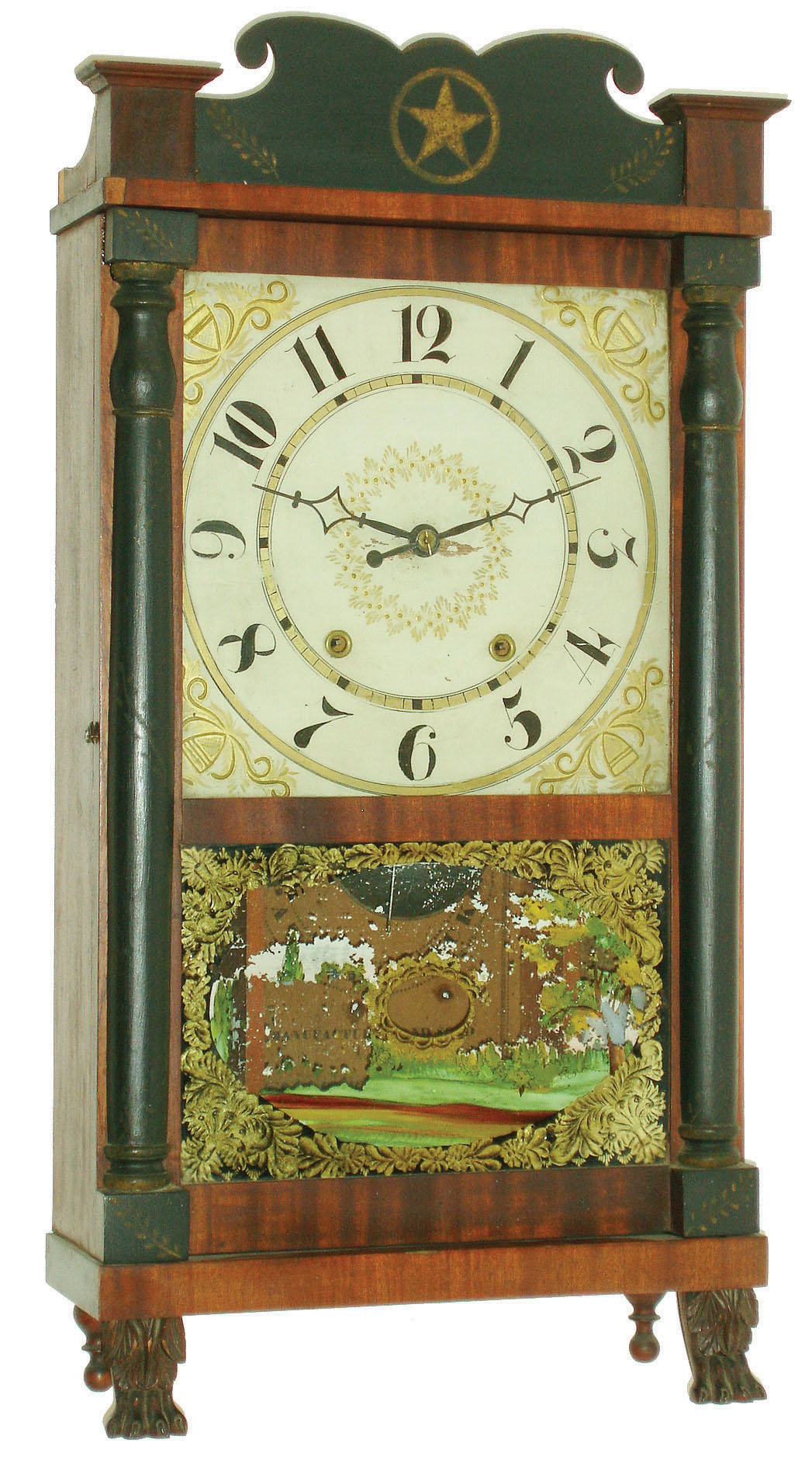 E. &amp; G.W. Bartholomew, Bristol, Conn., 30 hour, time and strike weight wood movement half column and splat shelf clock, c1830 — Antique Clocks Price Guide