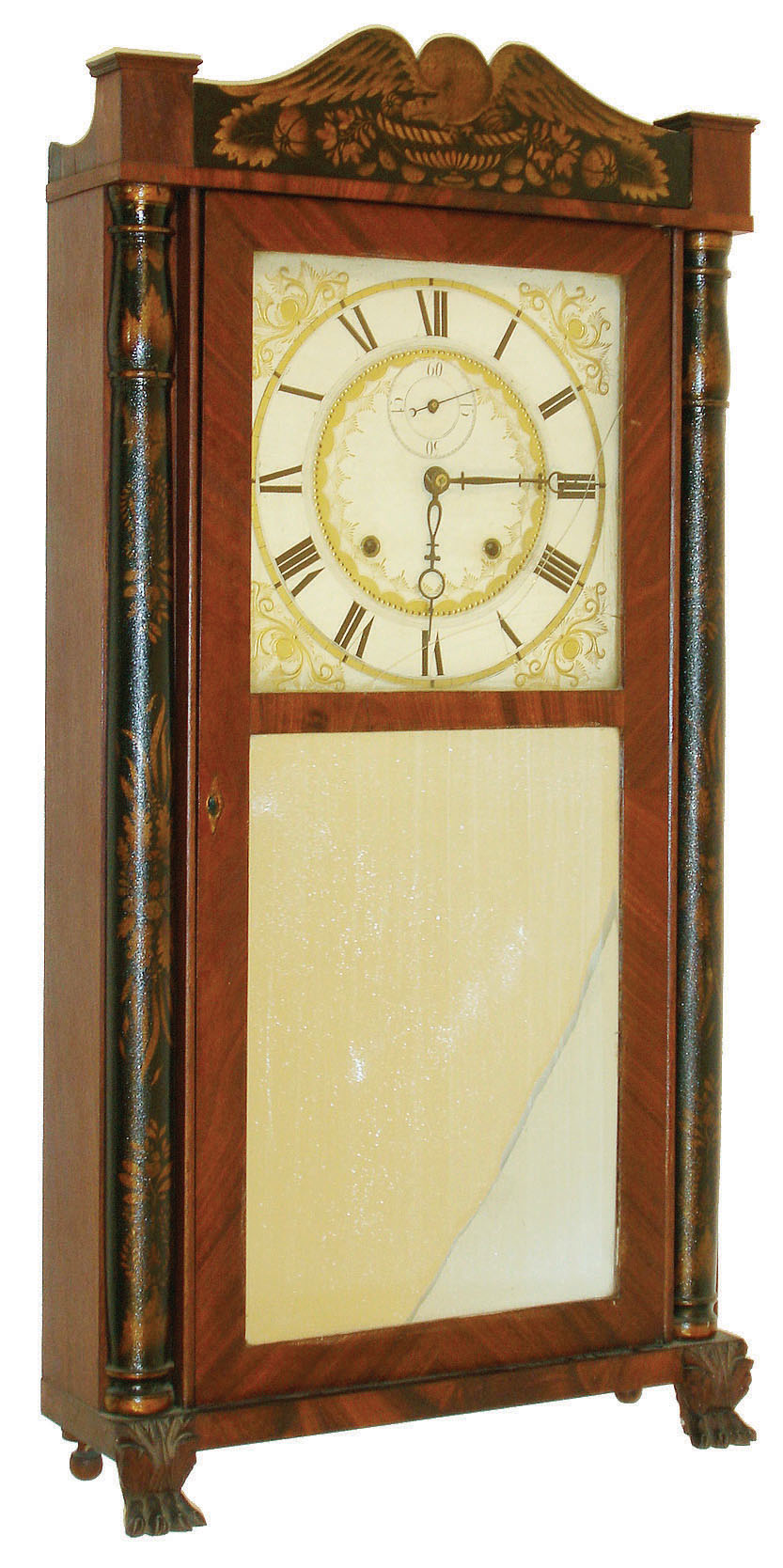 E. Terry &amp; Sons, Plymouth, Conn., 8 day, time and strike weight, mahogany plate movement, half column &amp; splat shelf clock, c1830 — Antique Clocks Price Guide