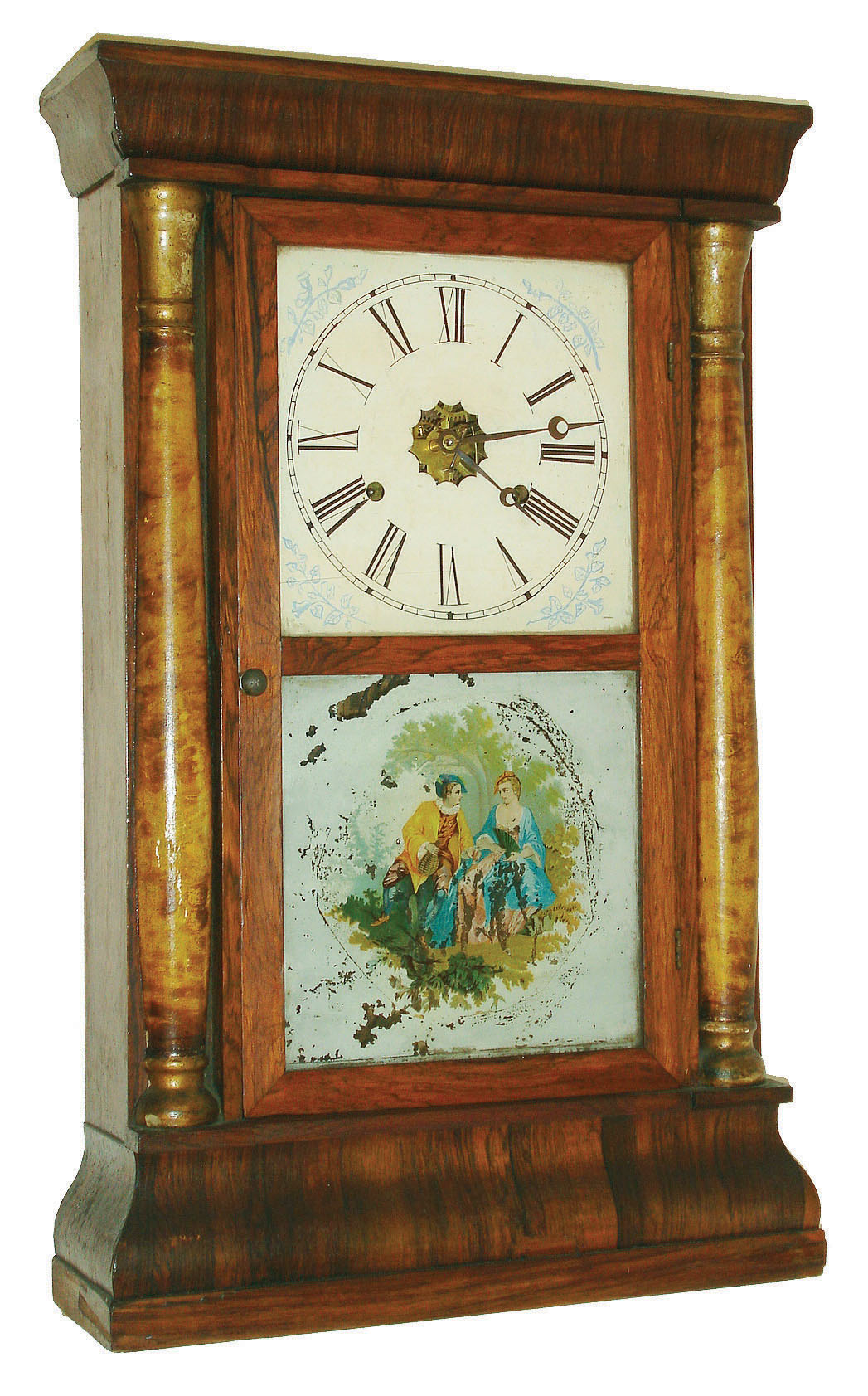 E.N. Welch Mfg. Co., Forestville, Conn., 30 hour, time and strike weight brass column &amp; cornice shelf clock, c1870 — Antique Clocks Price Guide