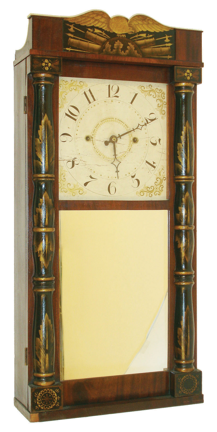 Unknown, 30 hour, time and strike weight wood movement (groaner) half column &amp; splat shelf clock, c1830 This might possibly be a Boardman &amp; Wells but there is not enough of the label remaining to tell. — Antique Clocks Price Guide