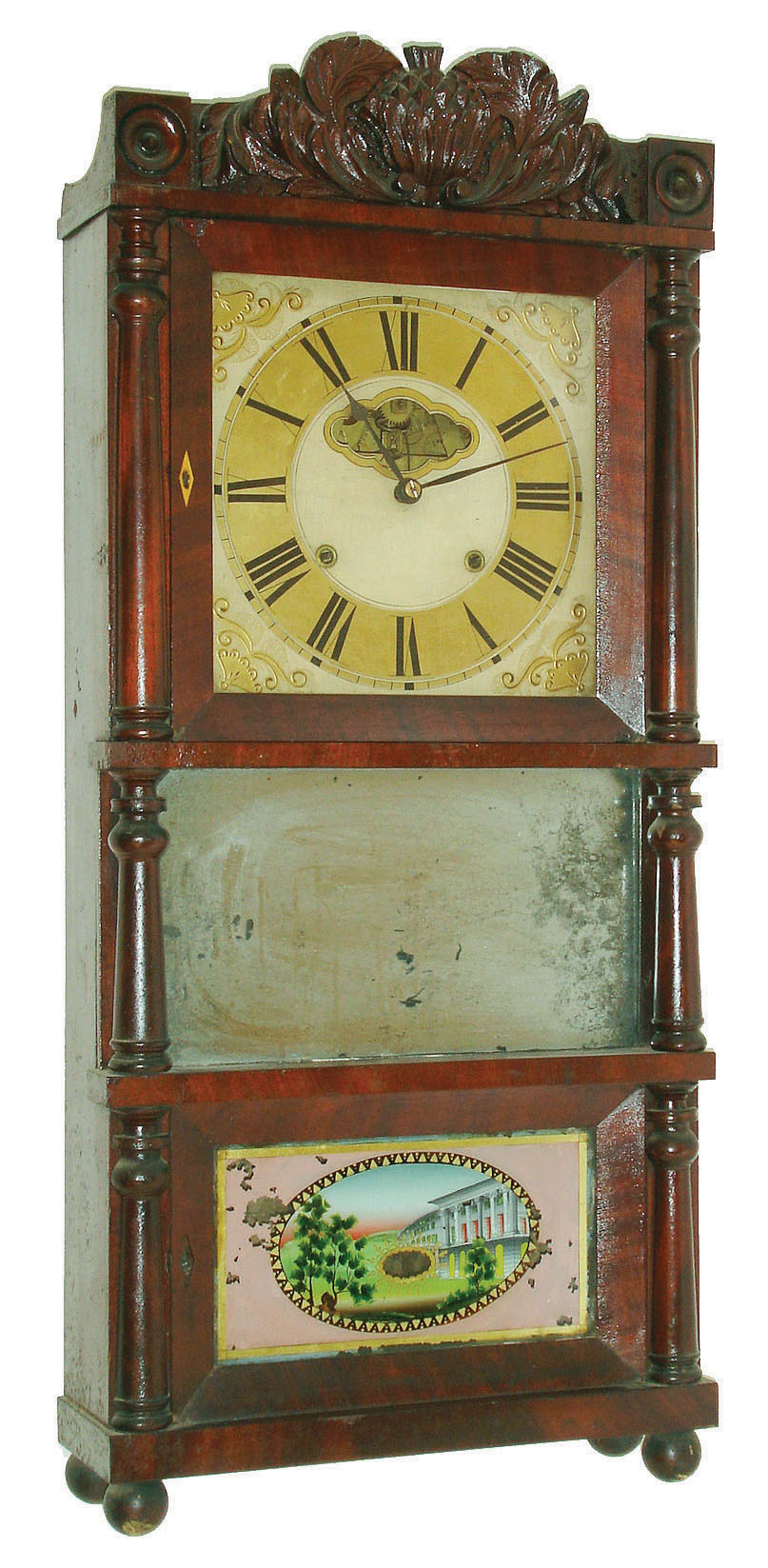 C. &amp; L.C. Ives, Bristol, Conn., 8 day, time and strike weight brass movement triple decker shelf clock, c1834 — Antique Clocks Price Guide