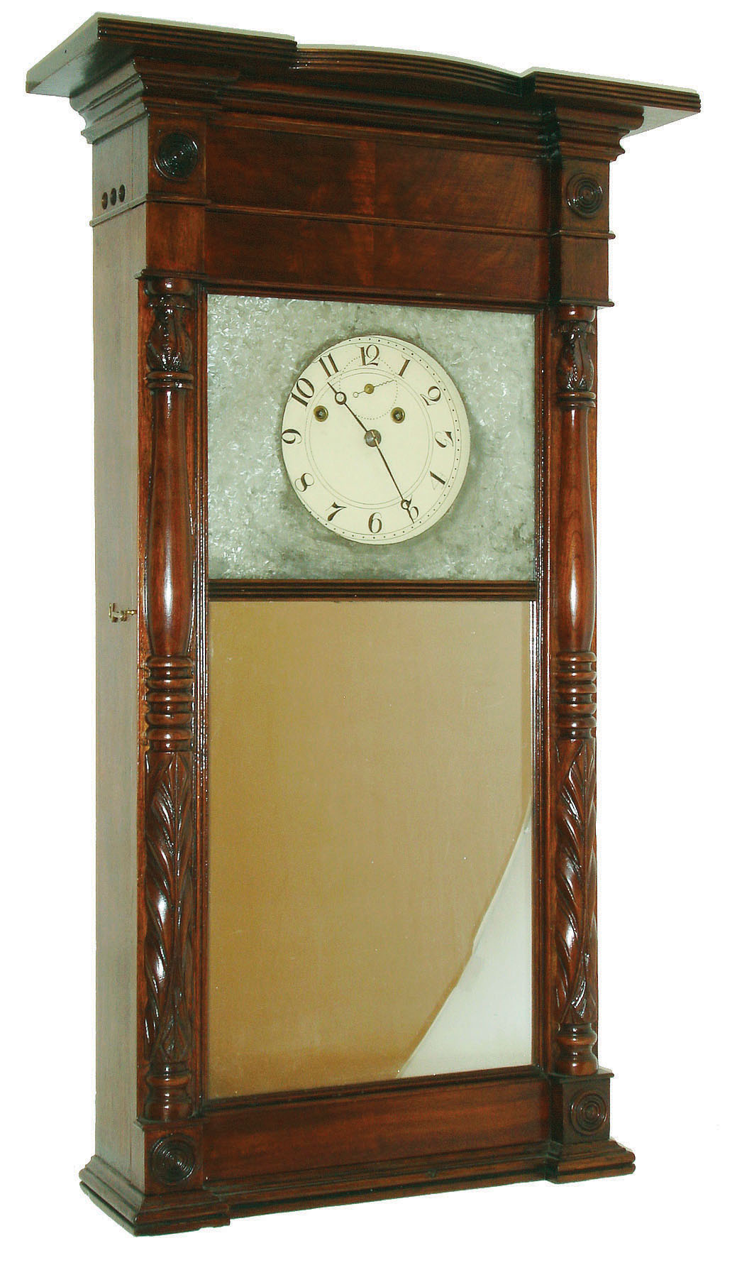 Asa Munger, Auburn, New York, 8 day, time and strike weight brass movement "Flat-Top" or "Ironing Board Top"  carved half column and cornice top wall or shelf clock, c1830 — Antique Clocks Price Guide