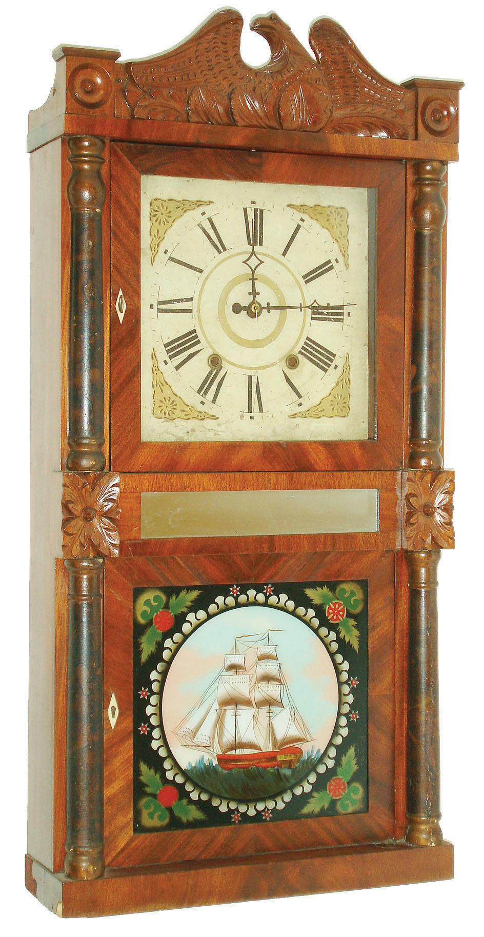 Seymour, Williams and Porter, Farmington, Conn., 30 hour, time and strike weight wood movement double decker and carved splat shelf clock, c1832 — Antique Clocks Price Guide