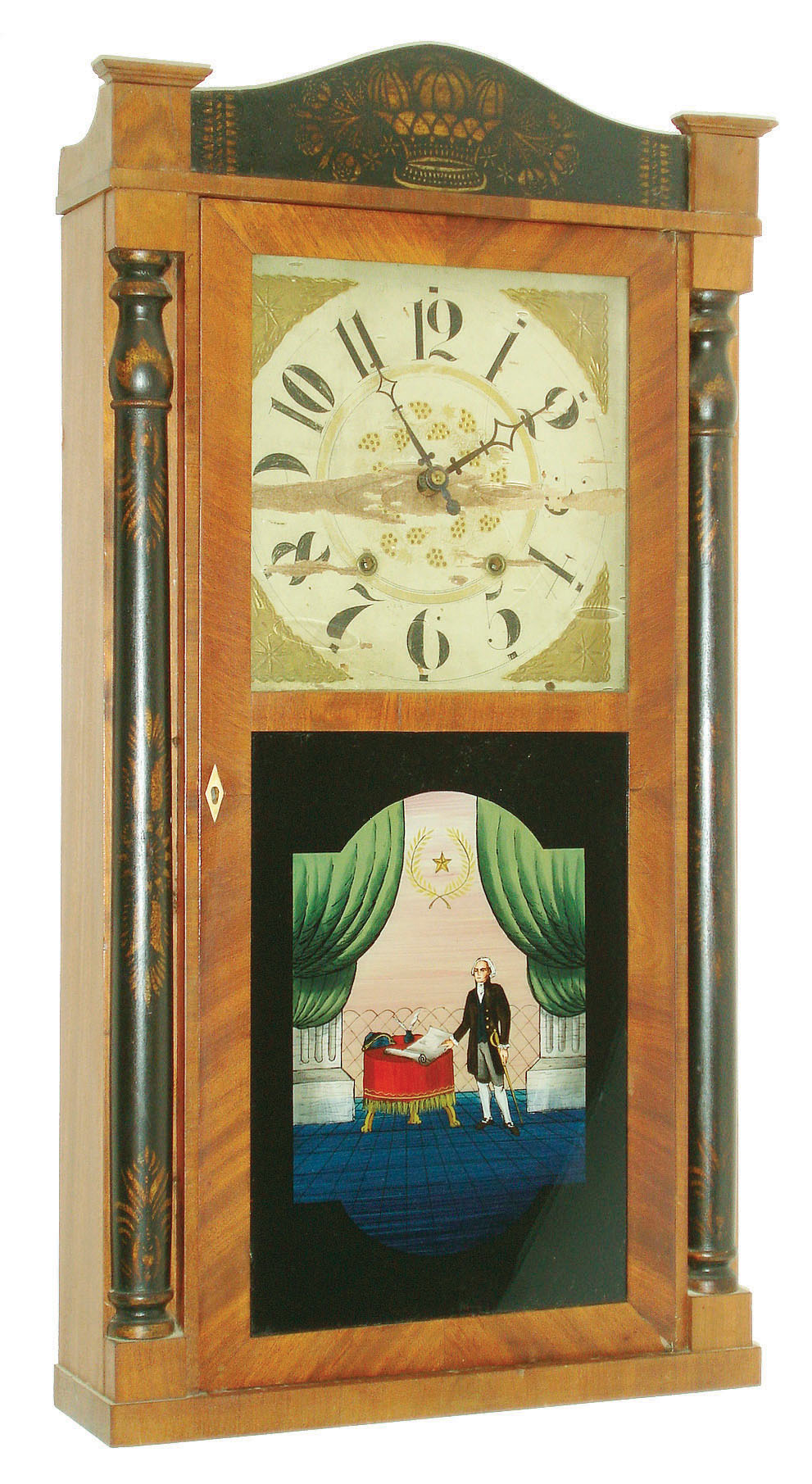 Riley Whiting, Winchester, Conn., 30 hour, time and strike weight wood movement half column &amp; splat shelf clock.  c.1830 — Antique Clocks Price Guide