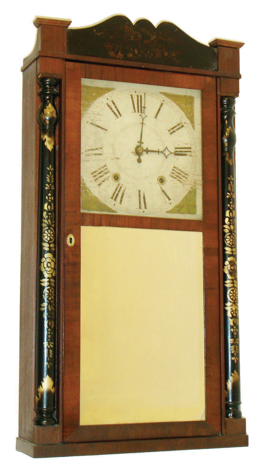 Elisha Hotchkiss, Burlington, Conn., 30 hour, time and strike weight wood movement half column &amp; splat shelf clock, c1830 — Antique Clocks Price Guide