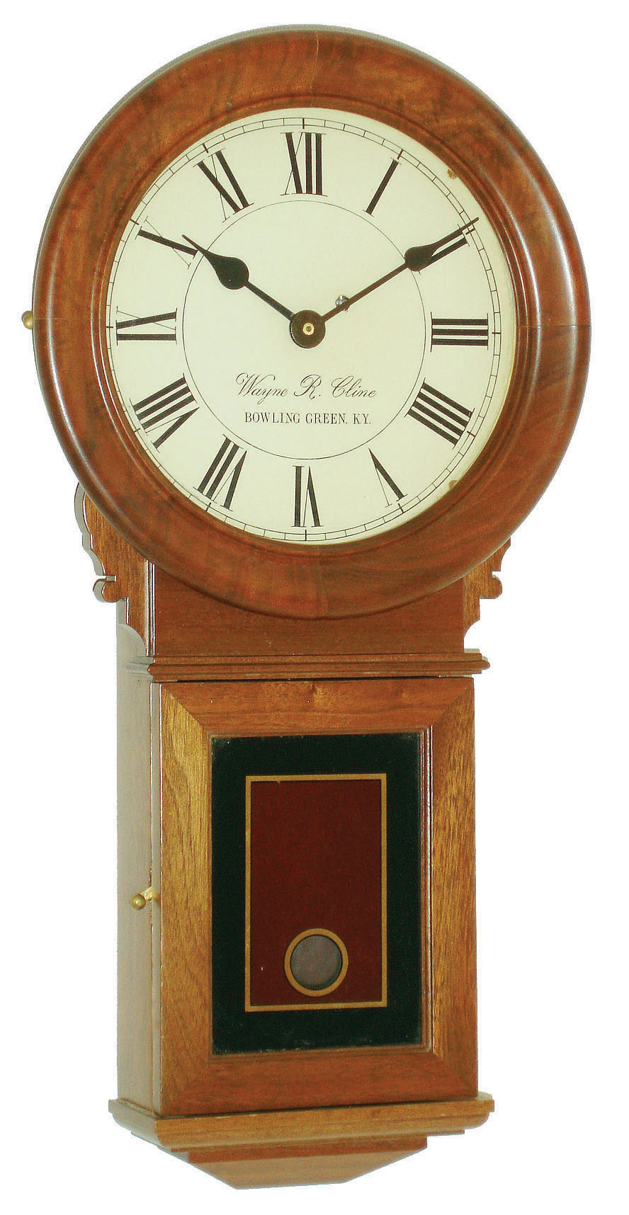 Wayne R. Cline, Bowling Green, KY, 8 day miniature replica of a Howard No. 70 wall regulator.  Number C4252201is stamped on the back of the case.,  Inside the door it is stamped 42.   c1980. — Antique Clocks Price Guide
