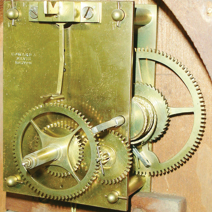 Howard &amp; Davis, Boston, Mass., "Regulator No. 4", grain painted case with decorated glasses, Roman numeral white painted dial with girandole style hands, with eagle finial, c1845 — Antique Clocks Price Guide