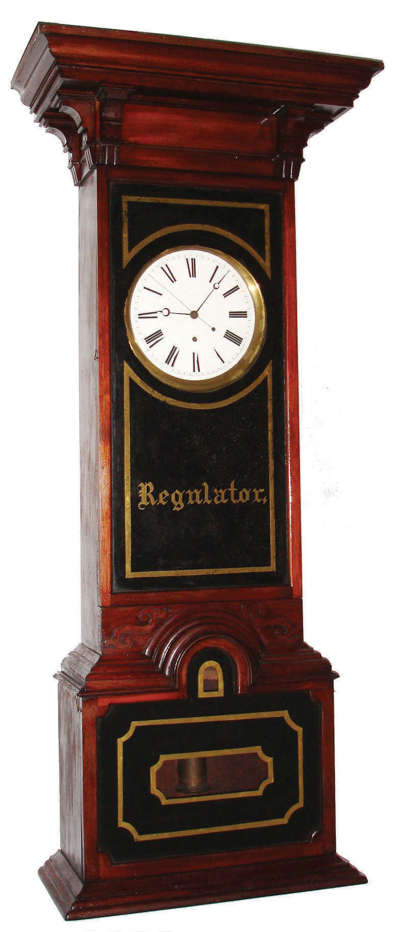 Regulator floor standing, 8 days, time only, weight driven Swiss movement with mercury pendulum, pinwheel escapement and center sweep seconds in a custom wooden case with reverse painted trunk door and base glasses and white enamel dial, c1880 — Antique Clocks Price Guide