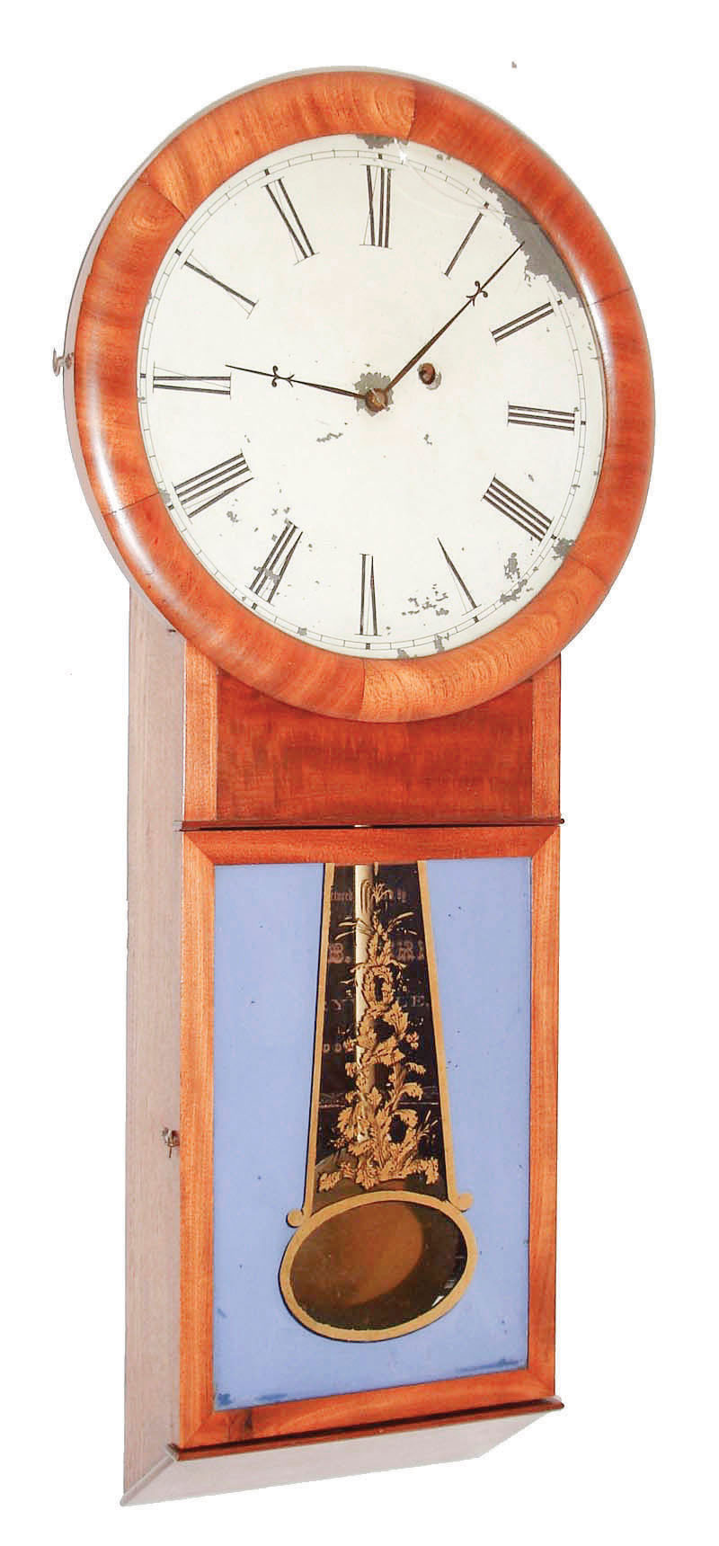 Silas B. Terry, Terryville, Conn., long drop regulator wall clock, 8 day, time only, weight driven movement in a mahogany case with painted metal dial and reverse painted lower tablet, c1855 — Antique Clocks Price Guide
