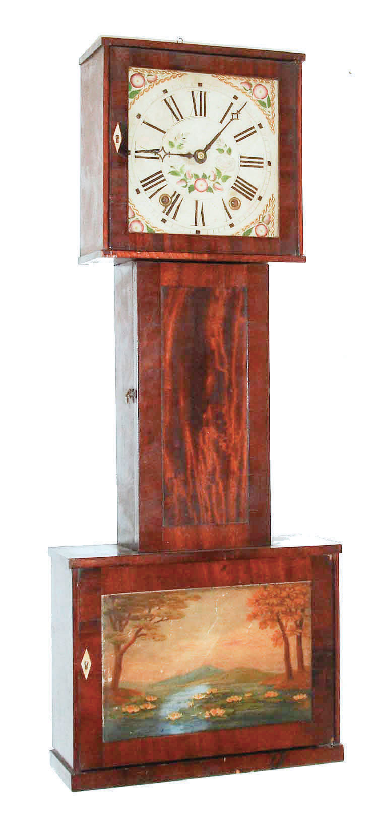 Connecticut banjo, 30 hour, time and strike, two weight driven, wooden works movement in a mahogany veneered case with painted wooden dial, c1830 — Antique Clocks Price Guide