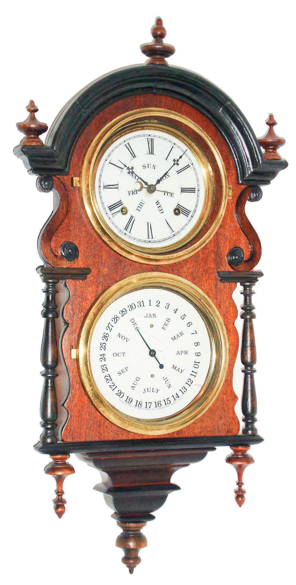 Welch, Spring &amp; Co., Bristol, Conn., "Wagner B.W. Hanging" walnut 8 days, time and strike, calendar clock, c1878 — Antique Clocks Price Guide
