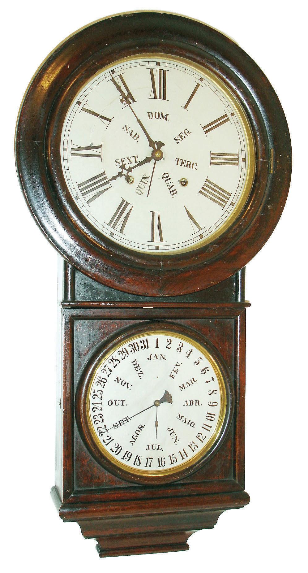Welch, Spring &amp; Co., Forestville, Conn., "Round Head Regulator No. 4" 8 day, time and strike B.B. Lewis double dial calendar wall clock, c1878 This clock was made for the Spanish market. — Antique Clocks Price Guide
