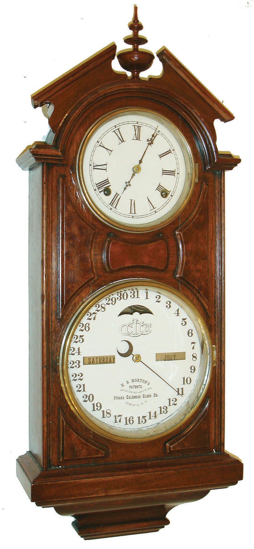 Ithaca Calendar Clock Co., Ithaca, NY, "No. 6 Hanging Library", 8 day, time and strike, double dial calendar wall clock, c1875 — Antique Clocks Price Guide
